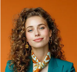 Confident woman with curly hair wearing teal blazer, patterned scarf, and gold earrings against an orange background.