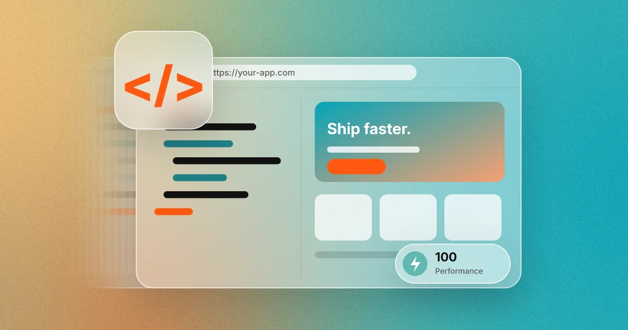 Browser window showing code and a live web page, with a code icon